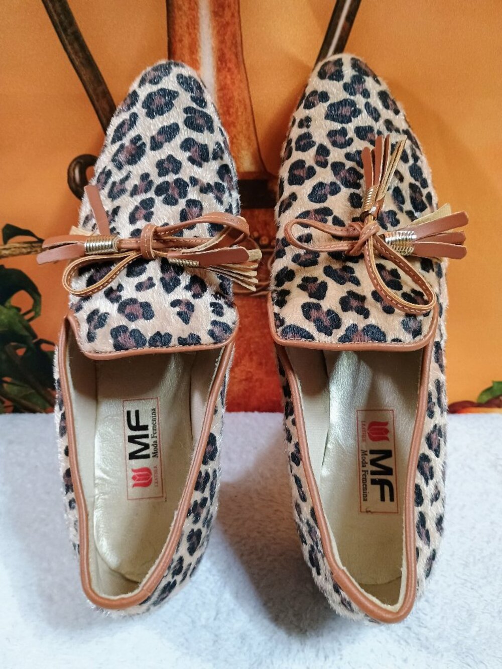 EUC MF Moda Femenina Sz 38 EU/ 7.5 US Leopard Print Calf Hair Tassel Loafers